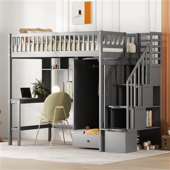 Twin size Loft Bed with Bookshelf,Drawers,Desk,and Wardrobe-Gray