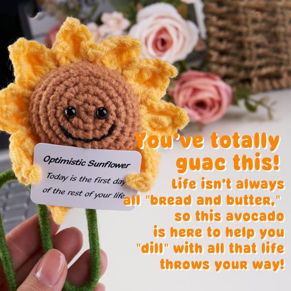 Positive Toy Gifts Funny Crochet Knitted Doll with Positive Card, Mini Creative Small Gifts for Friends, Family, Party Decoration Encouragement，Birthday Gifts (Sunflower) No Delivery on Weekends