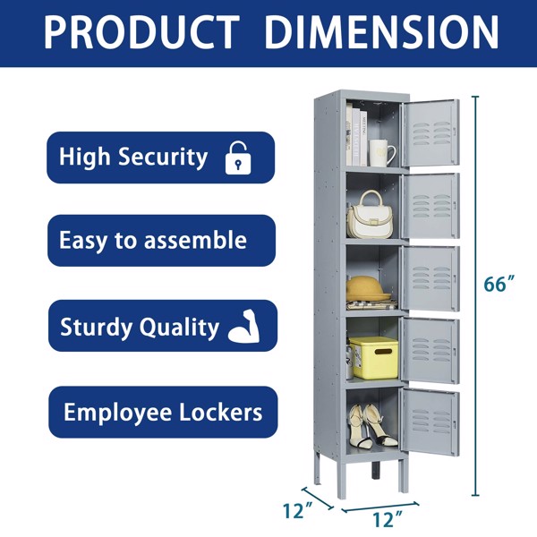 5 Door 66"H Metal Lockers With Lock for Employees,Storage Locker Cabinet for Home Gym Office School Garage,Gray