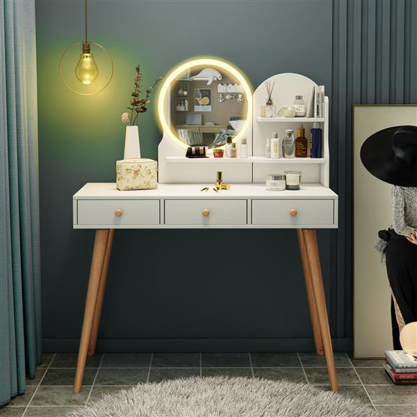 Fashion Vanity Desk with Mirror and Lights for Makeup Vanity Mirror with Lights  with 3 Color Lighting Brightness Adjustable, 3 Drawers, White   Color