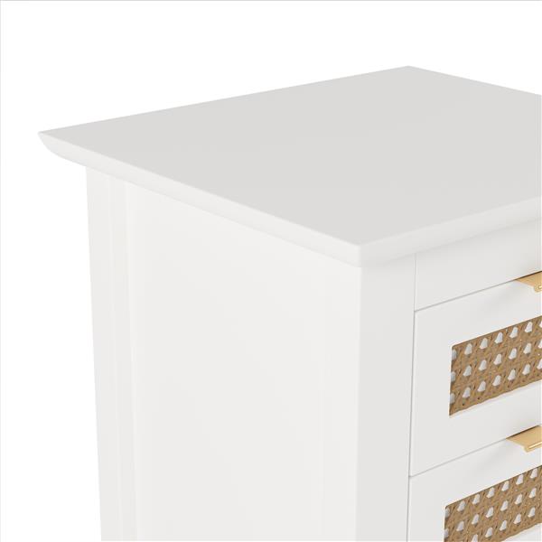 Wooden Nightstands Set of 2 with Rattan-Woven Surfaces and Three Drawers, Exquisite Elegance with Natural Storage Solutions for Bedroom, White