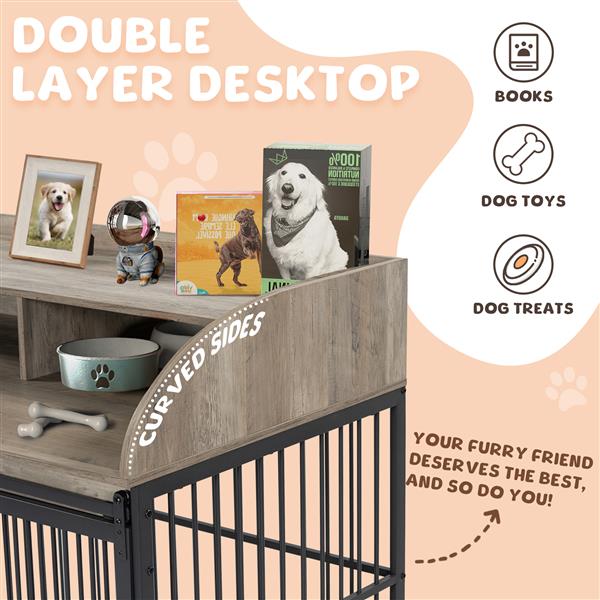 44'' Heavy Duty Large Dog Crate Furniture for Large Medium Dog with Lockable Wheels, Wooden Dog Crate Dog Kennel, End Table Crate with Double layer storage, Gray