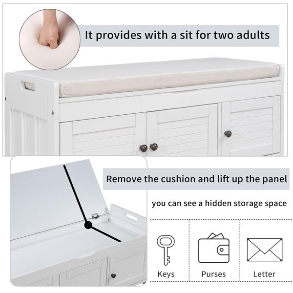 Storage Bench with 3 Shutter-shaped Doors, Shoe Bench with Removable Cushion and Hidden Storage Space