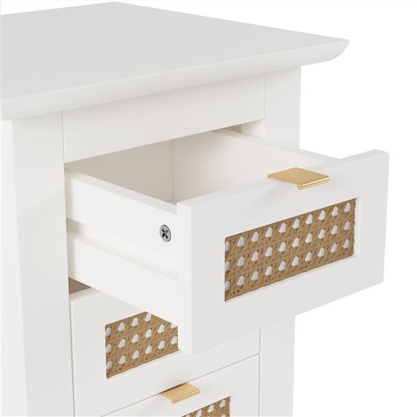 Wooden Nightstands Set of 2 with Rattan-Woven Surfaces and Three Drawers, Exquisite Elegance with Natural Storage Solutions for Bedroom, White