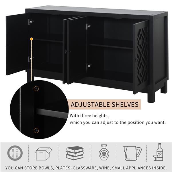 Large Storage Space Sideboard, 4 Door Buffet Cabinet with Pull Ring Handles for Living Room, Dining Room (Black)