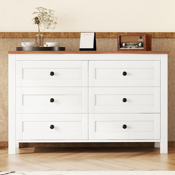 Retro Farmhouse Style Wooden Dresser with 6 Drawer, Storage Cabinet for Bedroom, White+Brown