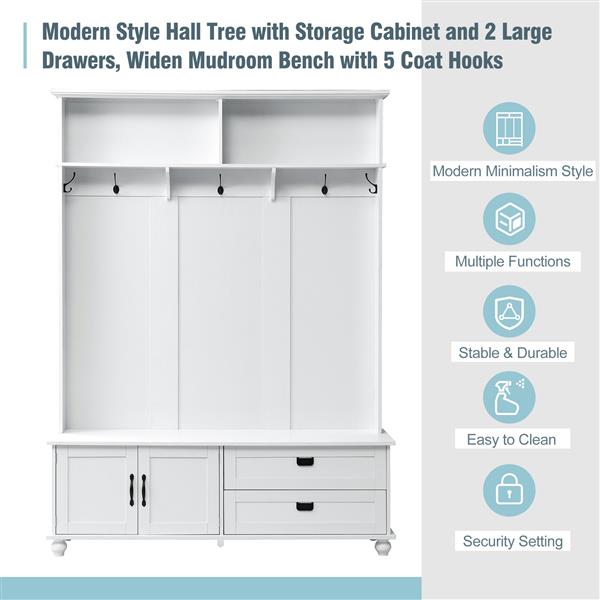 [VIDEO provided] Modern Style Hall Tree with Storage Cabinet and 2 Large Drawers, Widen Mudroom Bench with 5 Coat Hooks, White