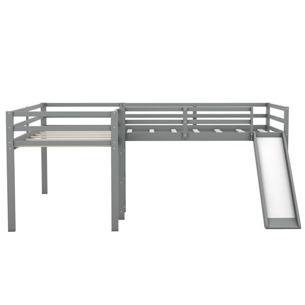 L-Shaped Twin Size Loft Bed with Ladder and Slide, Gray