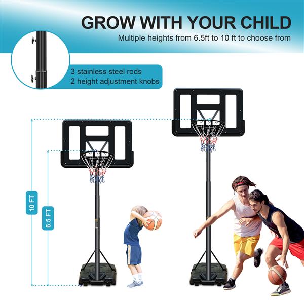 Basketball Hoop Portable Basketball Goal System 6.5-10ft Adjustable 44in Backboard for Indoor Outdoor Black