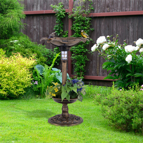 Bronze Standing Pedestal Birdbath and Feeder Combo with Solar Powered Lamp