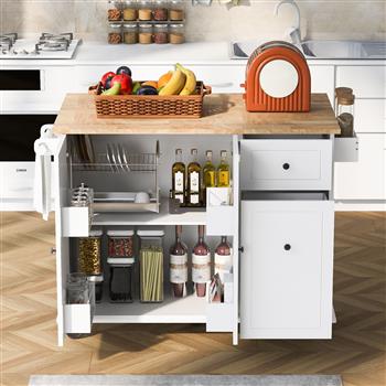 Kitchen Island with Drop Leaf, 53.9\\" Width Rolling Kitchen Cart on Wheels with Internal Storage Rack and 3 Tier Pull Out Cabinet Organizer, Kitchen Storage Cart with Spice Rack, Towel Rack (White)