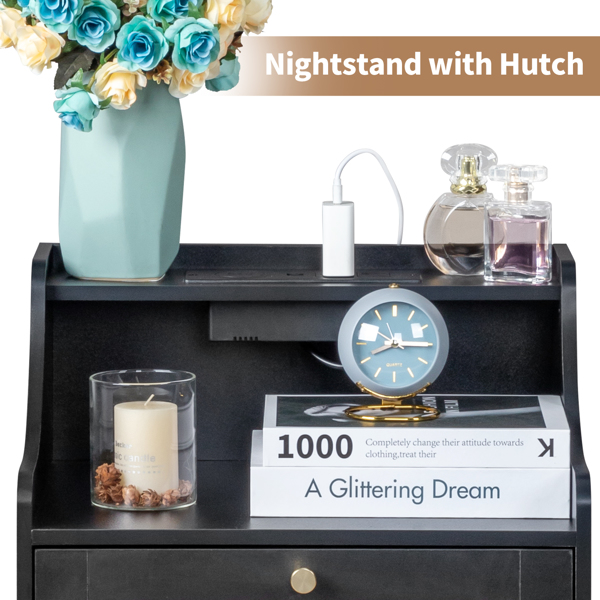 FCH black particle board with triamine matt gold tapered handle 45*35*63cm two drawers with compartments bedside table 1 wireless + 2 USB ports + 2 US standard three-plug ports