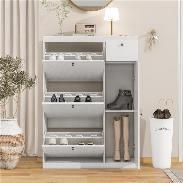 Shoe Cabinet, Tipping Bucket Shoe Rack Organizer with 3 Flip Drawers,Entryway Narrow Shoe Storage with Adjustable Storage Shelf,Modern Slim Hidden Shoe Cabinet, White