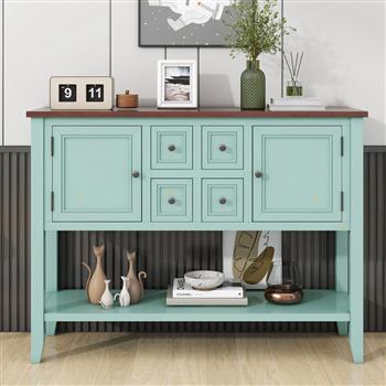 Series  Ample Storage Vintage Console Table with Four Small Drawers and Bottom Shelf for Living Rooms, Entrances and Kitchens (Retro Blue