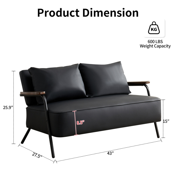 44” W Small Loveseat Sofa Couch Faux Leather Modern Futon Sofa Bed with Wider Seat Depth Upholstered 2-seat Love Seats Sleeper Sofa for Living Room Bedroom Apartment Office (Black)