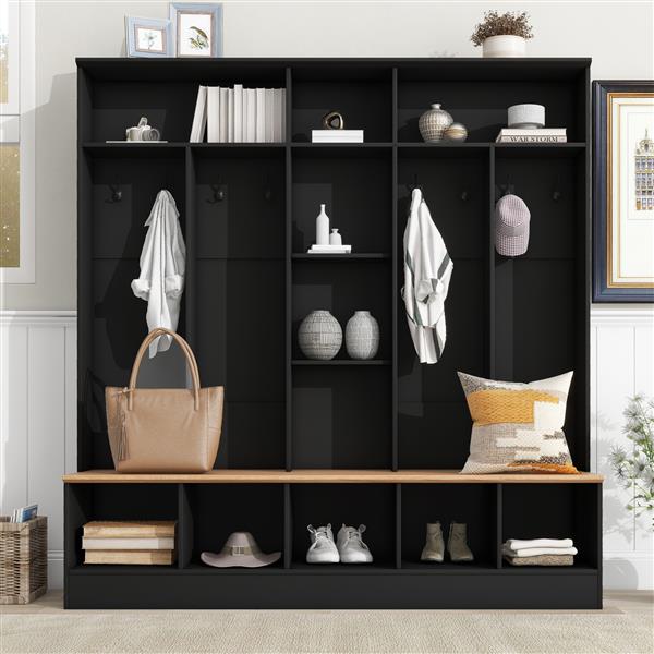 Wide Design Hall Tree with Storage Bench, Minimalist Shoe Cabinet with Cube Storage & Shelves, Multifunctional Coat Rack with 8 Hooks for Entryways, Mudroom, Black