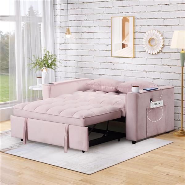 55.3" 4-1 Multi-functional Sofa Bed with Cup Holder and USB Port for Living Room or Apartments Pink