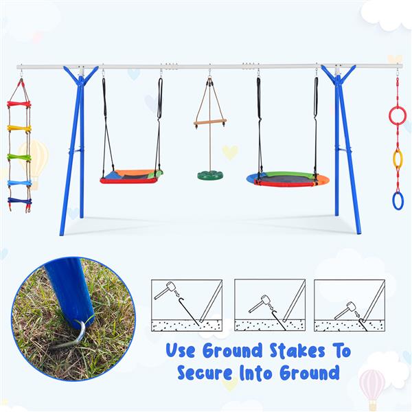 5 in 1 Outdoor Toddler Swing Set for Backyard, Playground Swing Sets with Steel Frame, Multifunction Playsets for Kids with Climbing Ladder, Saucer Swing, Monkey Bar Swing, Disc Swing and Swing Ring