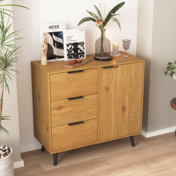 Storage Cabinet with 3 Drawers & Adjustable Shelf, Mid Century Cabinet with Door, Accent Cabinet for Living Room, Home Office, Entryway，Natural Wood Color 