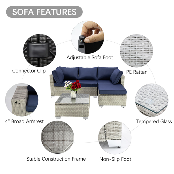 Patio Furniture Set 5 Pieces Wicker Outdoor Conversation Set All-Weather Sectional Patio Sofa with Water Resistant Thick Cushions and Coffee Table for Garden,  No reason returns are supported