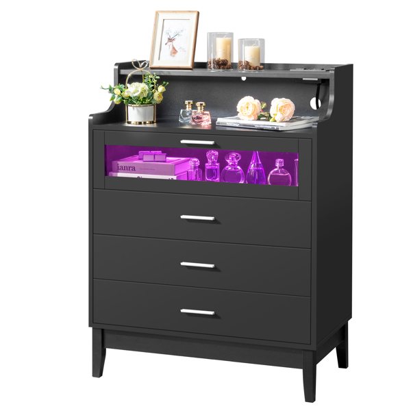 Particleboard Wood 4 Drawers with Shelf & LED Light Strips & Charging Station & USB Ports Dresser Bed Table Black