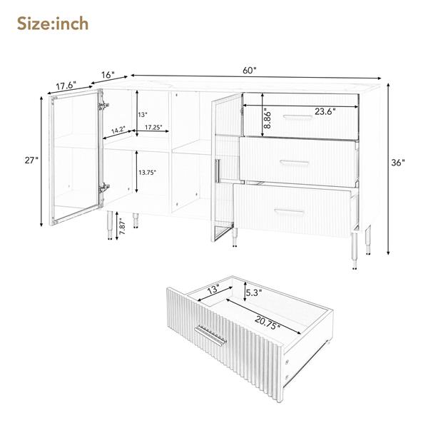 Modern Sideboard MDF Buffet Cabinet Marble Sticker Tabletop and Amber-yellow Tempered Glass Doors with Gold Metal Legs & Handles (Black)