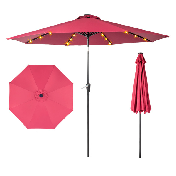 9FT  Umbrella Waterproof Folding Sunshade  Wine Red with Light（Not Included Umbrella Base）