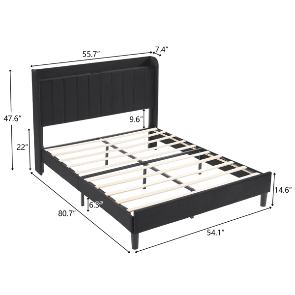 Full Size Velvet Bed Frame with Charging Station and Storage Shelf, Upholstered Platform Bed with Vertical Channel Tufted Wingback Headboard, No Box Spring Needed, Easy Assembly, Black