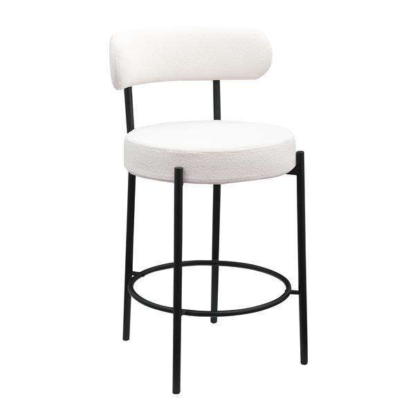 Modern Counter Height Stools Set of 2, Uphsoltered 26" Seat Height Barstools with Black Metal Legs Round Low Back Kitchen Stools with Footrest for Dining Room, White