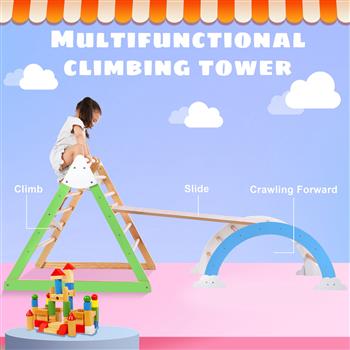 Wooden Climbing Triangle Toys - Indoor Arc Climber Jungle with Ramp and Arch Toy Rocker, Reversible Multifunction Playset Natural Wood Playground