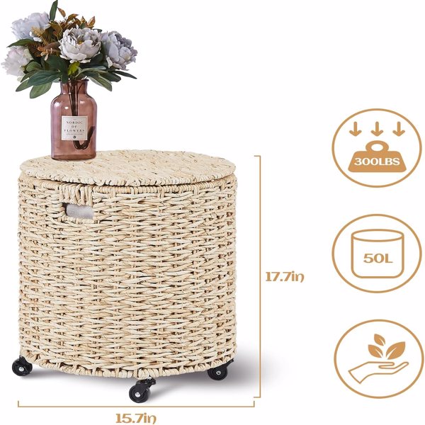 Vintage Storage Basket, Multipurpose Rolling Hamper With Brakable Wheels and Lid, Braid Laundry Bin, Handwave Clothes Toy Organizer Tote for Living Room