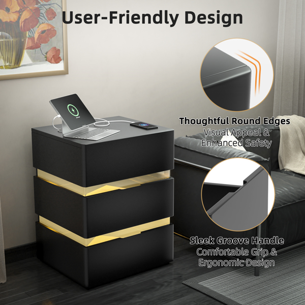 RGB LED With with Charging Station and USB Ports 3 Drawer Side Cabinet Bedside Table Nightstand BLACK