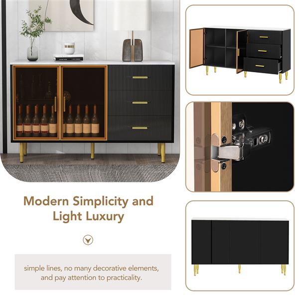 Modern Sideboard MDF Buffet Cabinet Marble Sticker Tabletop and Amber-yellow Tempered Glass Doors with Gold Metal Legs & Handles (Black)