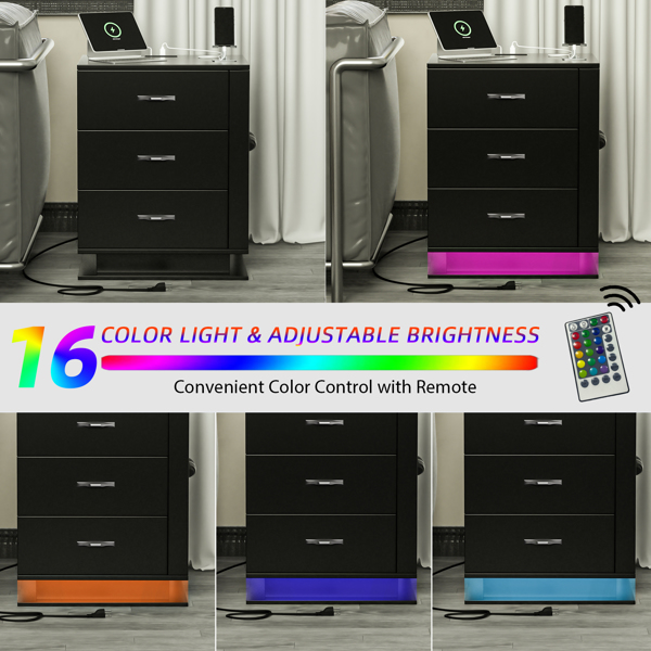 RGB LED With with Charging Station and USB Ports 3 Drawer Side Cabinet Bedside Table Nightstand Left Side Black