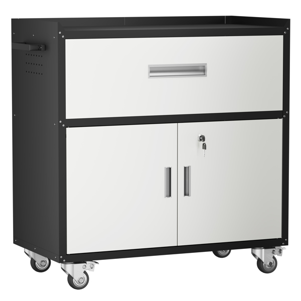 The steel tool cabinet has drawers on top and an open cabinet on the bottom It can be wheeled with wheels（Black and grey）