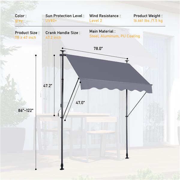 Manual Retractable Awning-78'' Non-Screw Outdoor Sun Shade Cover with UV Protection – 100% Polyester Made Outdoor Canopy Adjustable Patio Door Window Awning Canopy Sun Shade Curtain for Backyard,Gary