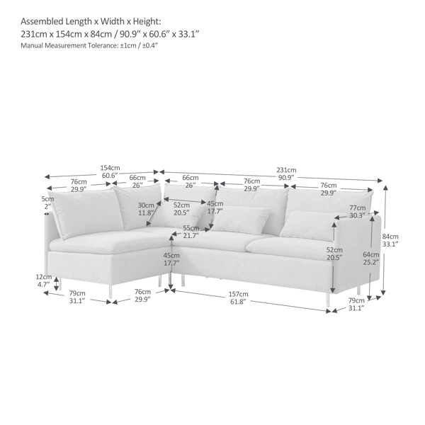 90.9"Modular L-shaped corner sofa, movable chaise facing left/right,  cotton-linen,livingroom,bedroom.