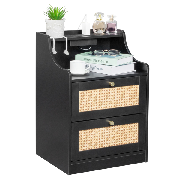 FCH black particle board with triamine matt gold tapered handle 45*35*63cm rattan two drawers with compartments bedside table 1 wireless + 2 USB ports + 2 US standard three-plug ports