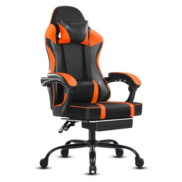 Video Game Chairs for Adults, PU Leather Gaming Chair with Footrest, 360°Swivel Adjustable Lumbar Pillow Gamer Chair, Comfortable Computer Chair for Heavy People, Orange