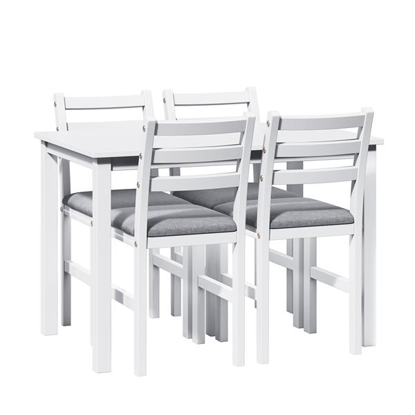 5PCS Stylish Dining Table Set 4 Upholstered Chairs with Ladder Back Design for Dining Room Kitchen Gray Cushion White