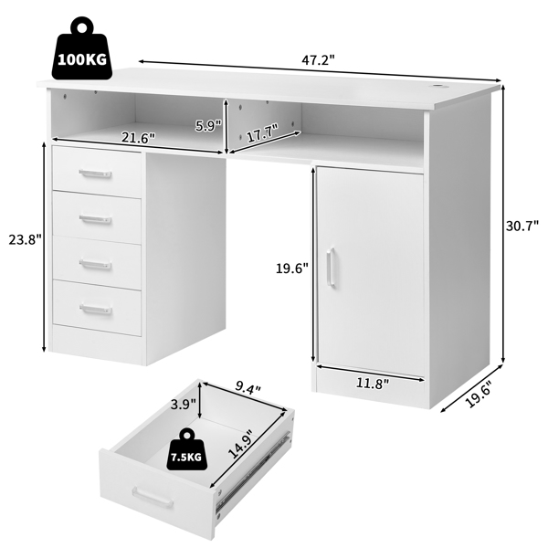 [Old code:77832033]White wood grain particle board with triamine 120*50*78cm one door four drawers plus interlayer computer desk