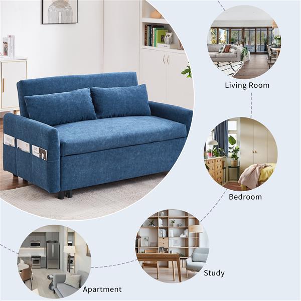 55.1" Pull Out Sleep Sofa Bed Loveseats Sofa Couch with Adjsutable Backrest, Storage Pockets, 2 Soft Pillows, USB Ports for Living Room, Bedroom, Apartment, Office, Blue