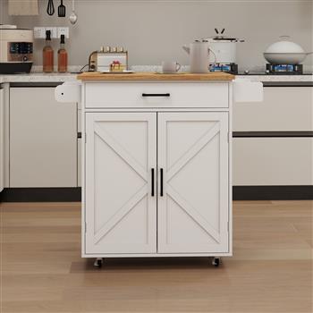 Kitchen island rolling trolley cart with Adjustable Shelves & towel rack & seasoning rack rubber wood table top-White