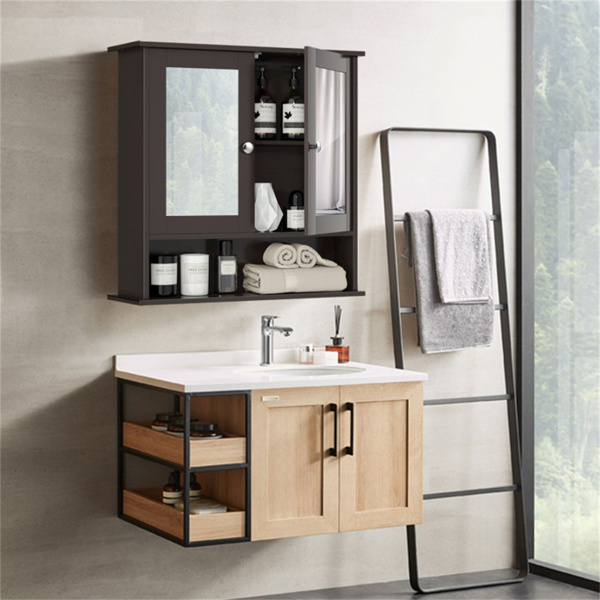 Brown bathroom cabinet with mirror