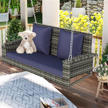 2-Person Wicker Hanging Porch Swing with Chains, Cushion, Pillow, Rattan Swing Bench for Garden, Backyard, Pond. (Gray Wicker, Blue Cushion)