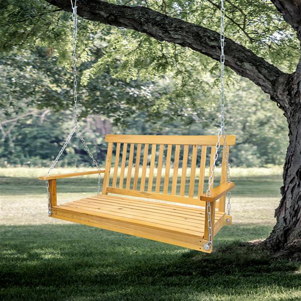 Front Porch Swing with Armrests, Wood Bench Swing with Hanging Chains,for Outdoor Patio ,Garden Yard, porch, backyard,  or sunroom,Easy to Assemble,teak