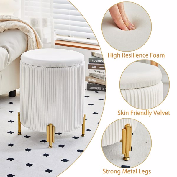 Round Ottoman Foot Stool with 23Qt Storage Velvet Footrest Stool Vanity Stool Chair Support 300lbs Modern Ottoman Coffee Table Padded Seat for Living Room Bedroom Cream