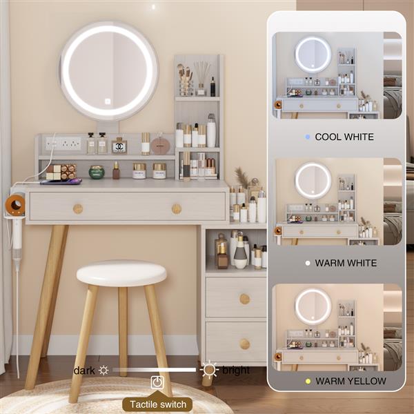 Round Mirror Bedside Cabinet Vanity Table + Cushioned Stool, With 2 AC Power + 2 USB socket, 17" diameter LED Mirror, Touch Control, 3-color, Brightness adjustable, Large desktop, Multi-layer Storage