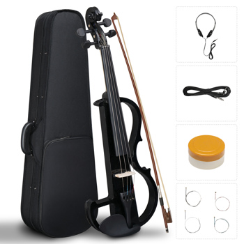 Full Size 4/4 Bunnel Edge Electric Silent Violin with Case Bow Rosin Headphone Connecting Line Black