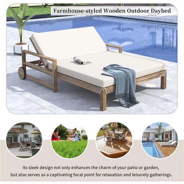 1-Piece Farmhouse-styled Wooden Outdoor Sunbed for Ultimate Relaxation Outdoor Daybed Seating 2 People for Poolside, Garden and Backyard (Beige)